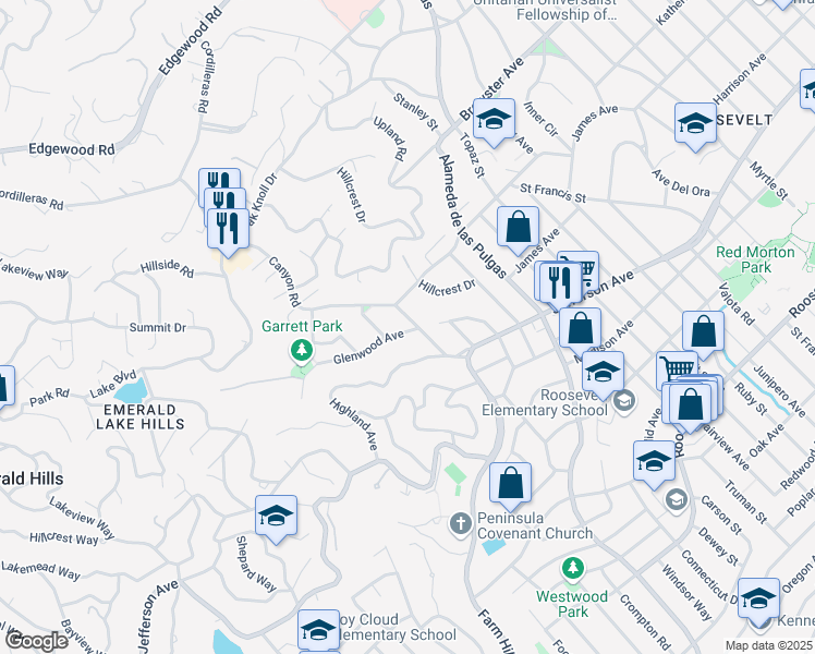 map of restaurants, bars, coffee shops, grocery stores, and more near 810 Canyon Road in Redwood City