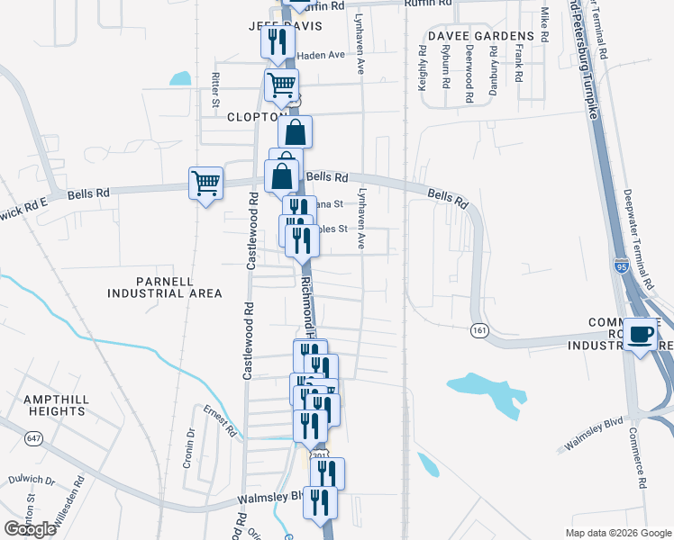 map of restaurants, bars, coffee shops, grocery stores, and more near 2515 Courtland Street in Richmond