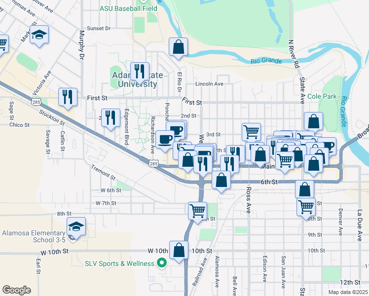 map of restaurants, bars, coffee shops, grocery stores, and more near 1301 Main Street in Alamosa