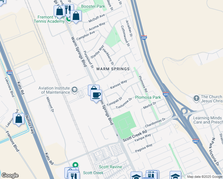 map of restaurants, bars, coffee shops, grocery stores, and more near 225 Kansas Way in Fremont