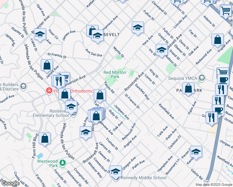 map of restaurants, bars, coffee shops, grocery stores, and more near 1035 Valota Road in Redwood City