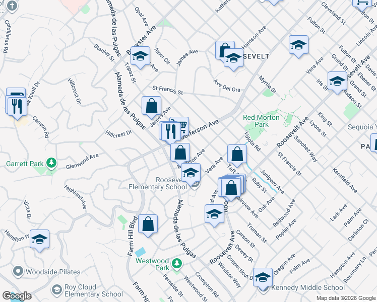 map of restaurants, bars, coffee shops, grocery stores, and more near 3025 Jefferson Avenue in Redwood City