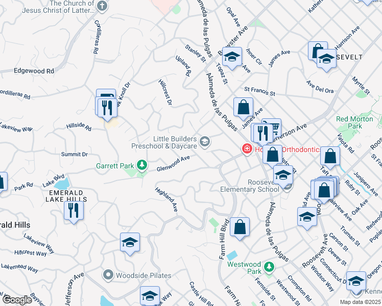 map of restaurants, bars, coffee shops, grocery stores, and more near 810 Canyon Road in Redwood City