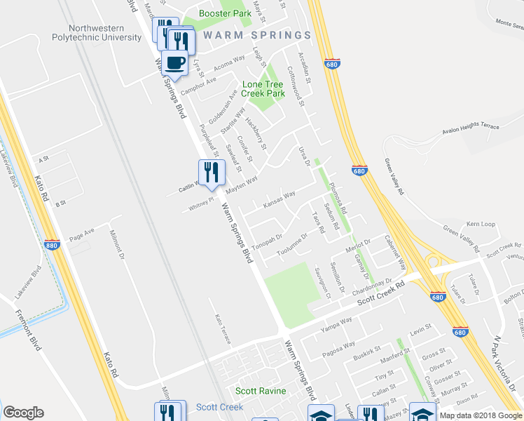 map of restaurants, bars, coffee shops, grocery stores, and more near 225 Kansas Way in Fremont