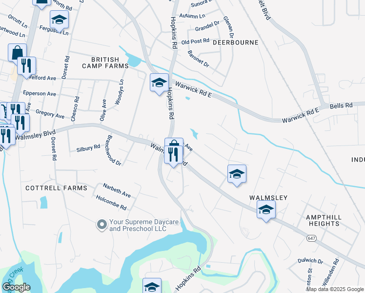 map of restaurants, bars, coffee shops, grocery stores, and more near 3919 Rusk Avenue in Richmond