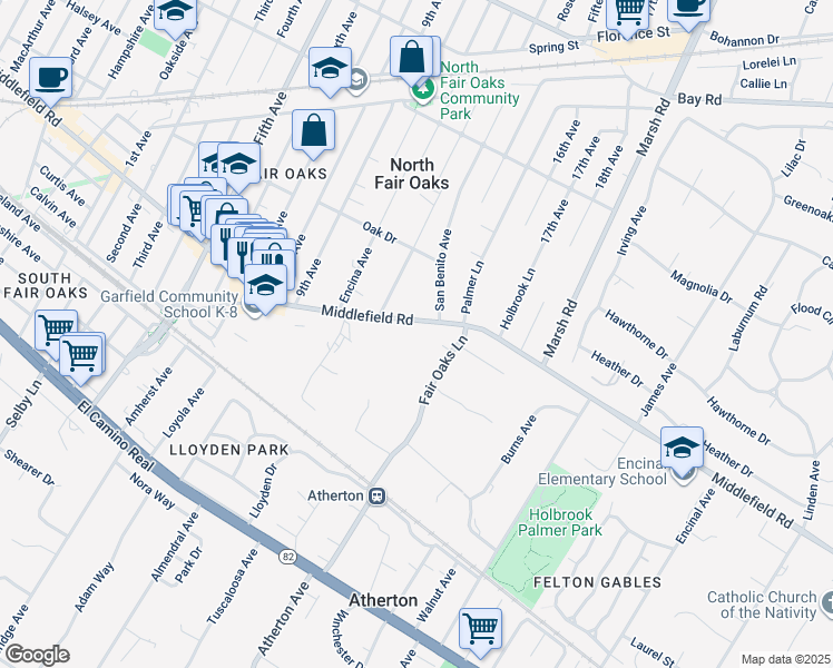 map of restaurants, bars, coffee shops, grocery stores, and more near 74 Middlefield Road in Atherton