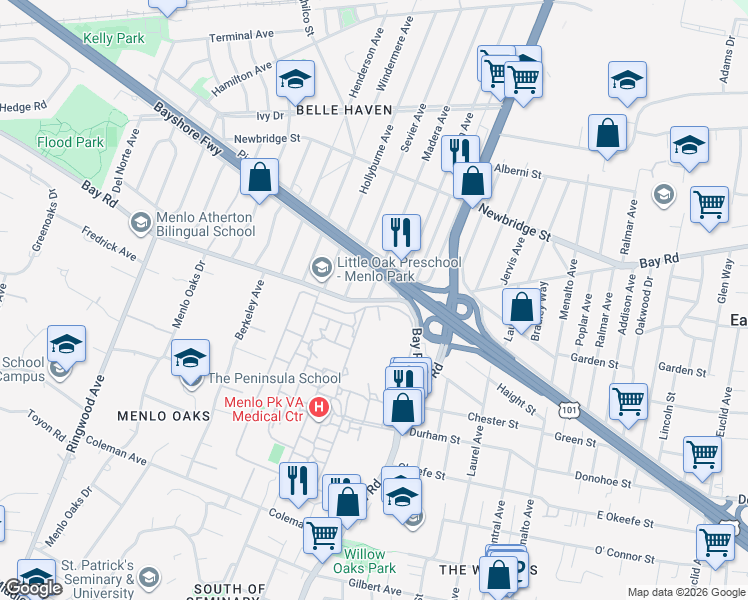 map of restaurants, bars, coffee shops, grocery stores, and more near 1009 Madera Avenue in Menlo Park