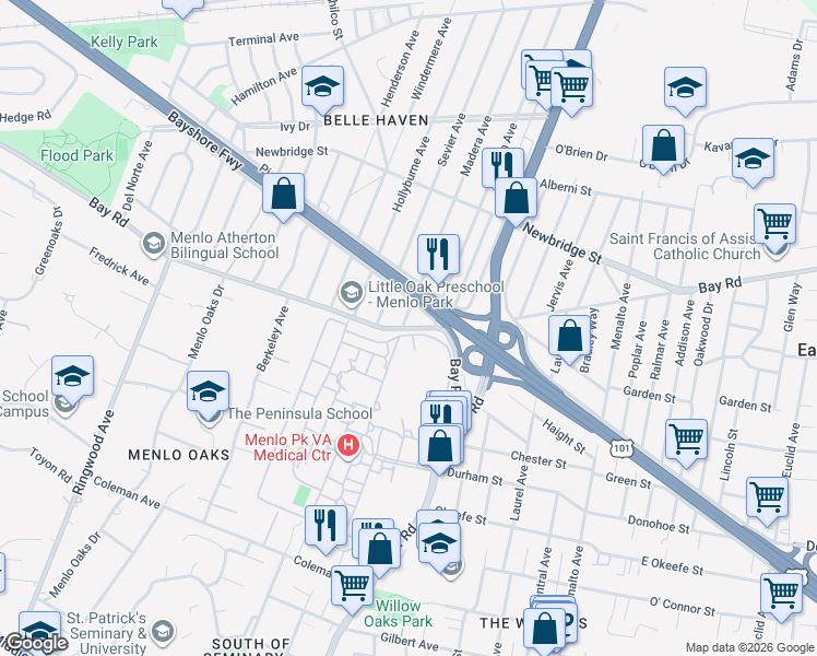 map of restaurants, bars, coffee shops, grocery stores, and more near 1009 Madera Avenue in Menlo Park
