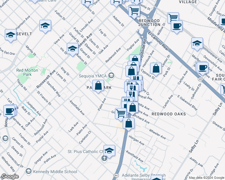 map of restaurants, bars, coffee shops, grocery stores, and more near 1525 Hudson Street in Redwood City