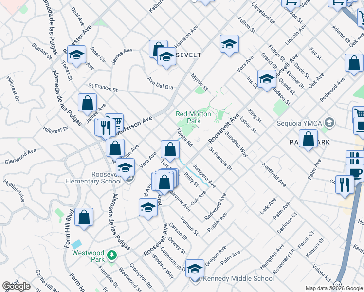 map of restaurants, bars, coffee shops, grocery stores, and more near Junipero Avenue in Redwood City