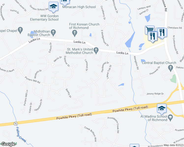 map of restaurants, bars, coffee shops, grocery stores, and more near 1406 Havens Oak Circle in Midlothian