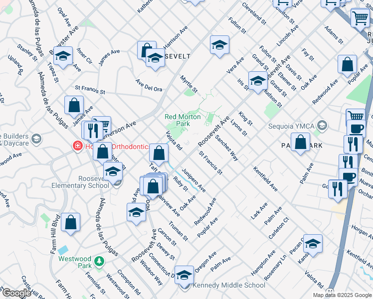 map of restaurants, bars, coffee shops, grocery stores, and more near 1035 Valota Road in Redwood City