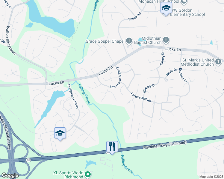map of restaurants, bars, coffee shops, grocery stores, and more near 12136 Mansfield Terrace in Midlothian