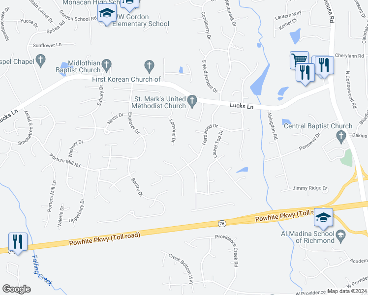 map of restaurants, bars, coffee shops, grocery stores, and more near 1406 Havens Oak Circle in Midlothian