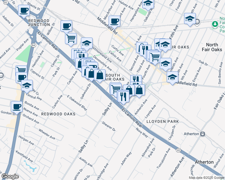 map of restaurants, bars, coffee shops, grocery stores, and more near 21 Markham Avenue in Redwood City
