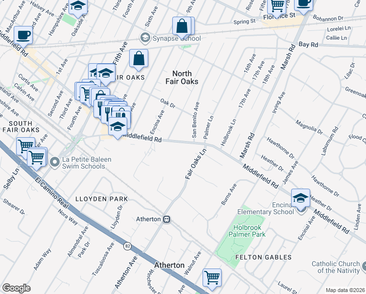 map of restaurants, bars, coffee shops, grocery stores, and more near in Atherton