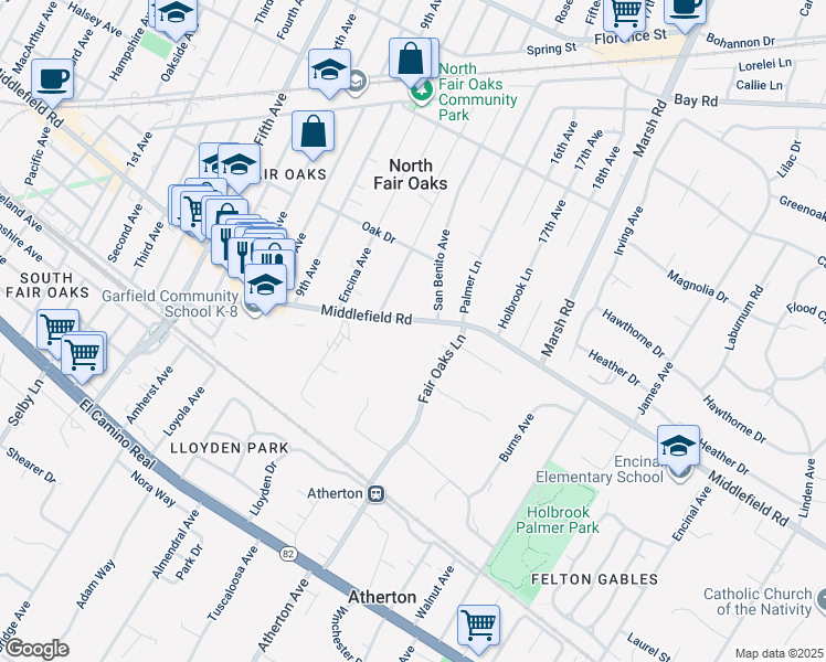 map of restaurants, bars, coffee shops, grocery stores, and more near 74 Middlefield Road in Atherton