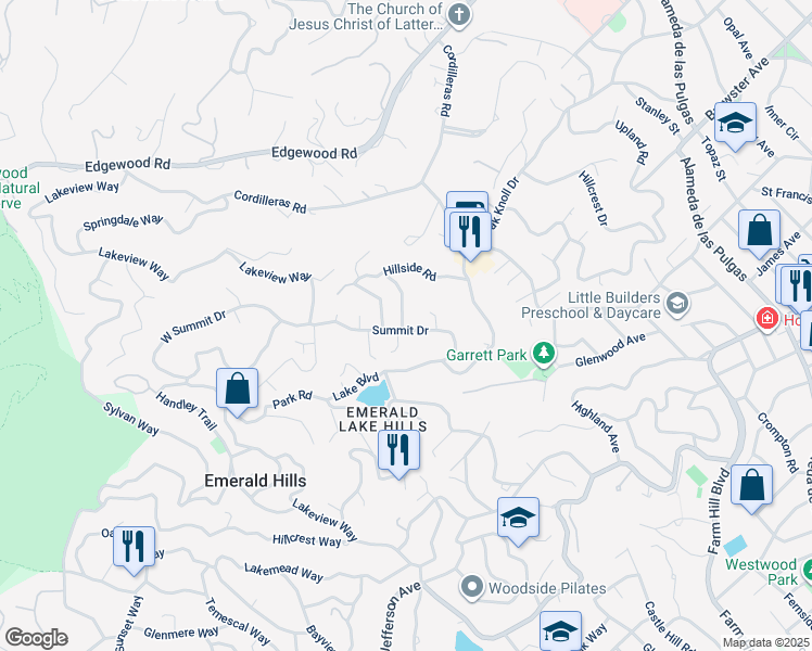 map of restaurants, bars, coffee shops, grocery stores, and more near 505 Summit Drive in Emerald Hills