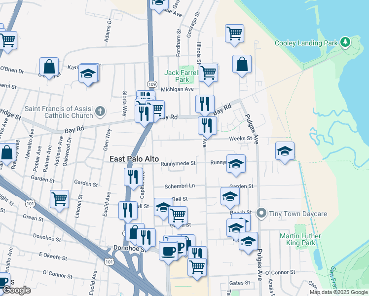 map of restaurants, bars, coffee shops, grocery stores, and more near 828 Weeks Street in East Palo Alto
