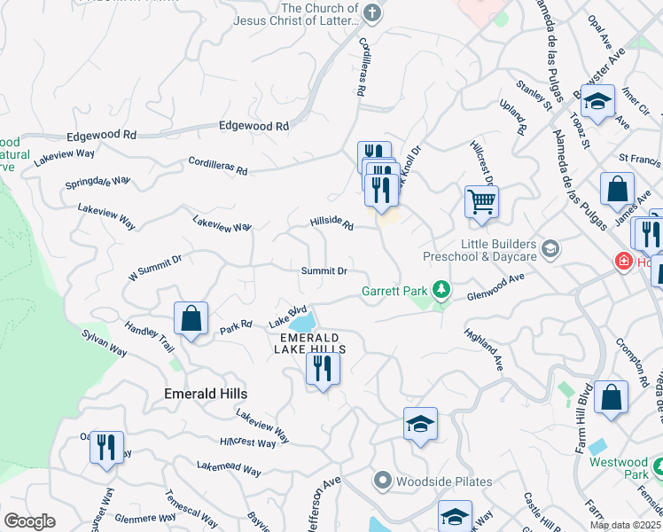 map of restaurants, bars, coffee shops, grocery stores, and more near 505 Summit Drive in Emerald Hills