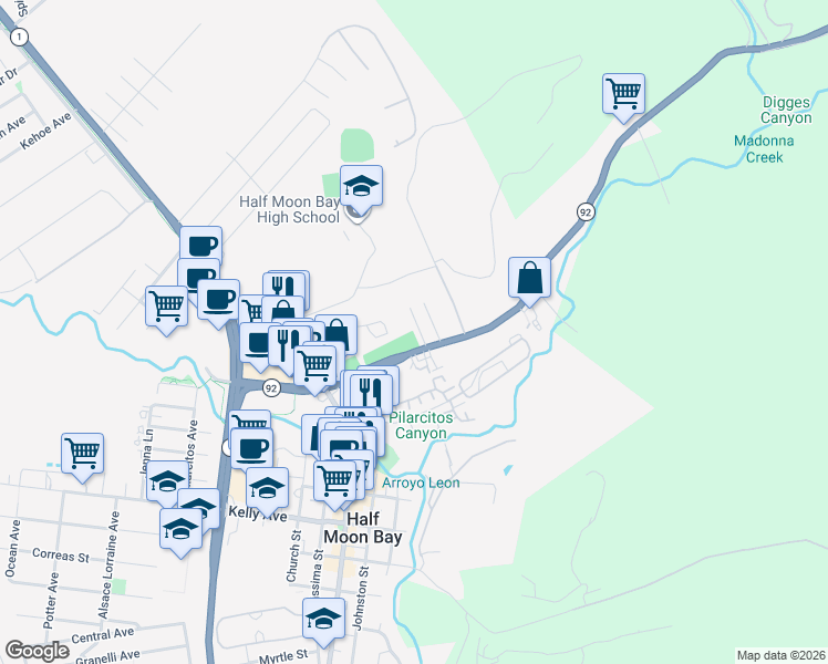 map of restaurants, bars, coffee shops, grocery stores, and more near 250 San Mateo Road in Half Moon Bay