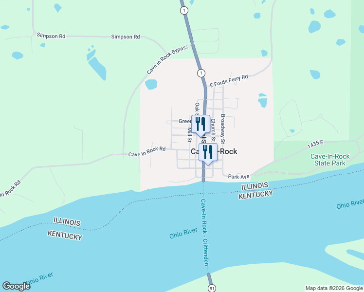 map of restaurants, bars, coffee shops, grocery stores, and more near Jefferson Street in Cave-In-Rock