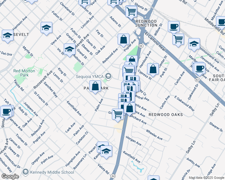 map of restaurants, bars, coffee shops, grocery stores, and more near 1522 Hudson Street in Redwood City
