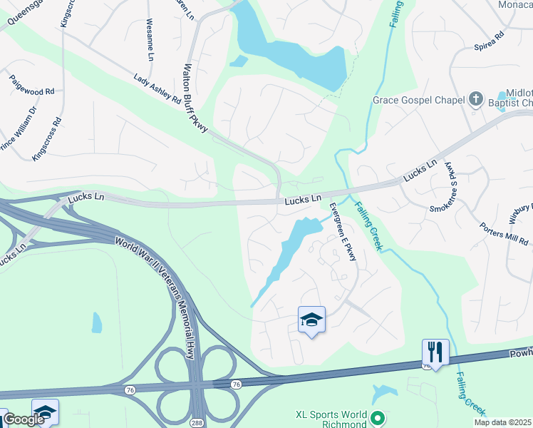 map of restaurants, bars, coffee shops, grocery stores, and more near 12602 Wood Sage West in Midlothian