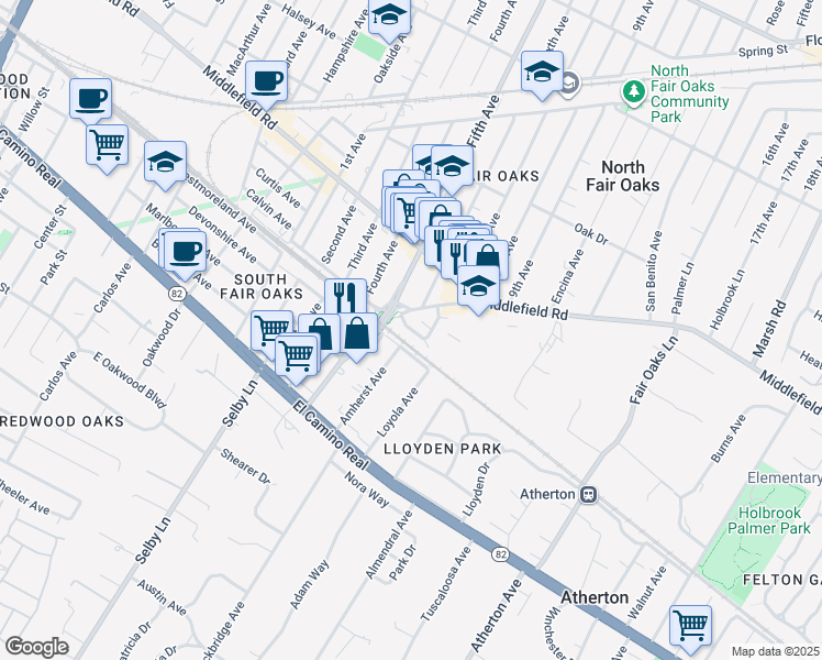 map of restaurants, bars, coffee shops, grocery stores, and more near 218 Semicircular Road in Menlo Park