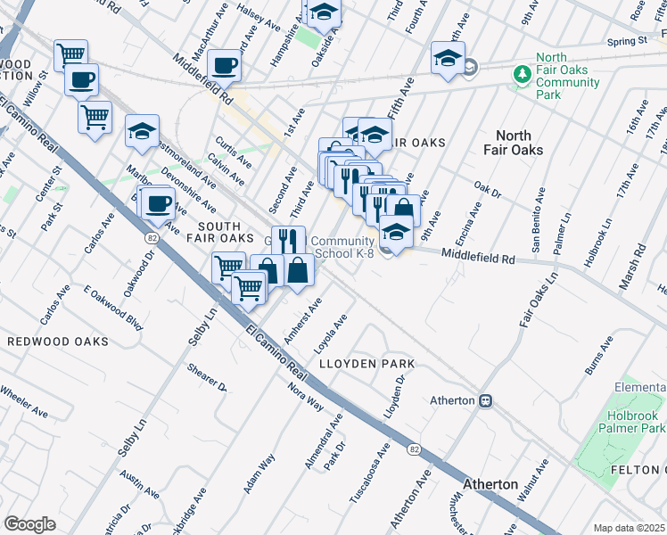 map of restaurants, bars, coffee shops, grocery stores, and more near 218 Semicircular Road in Menlo Park