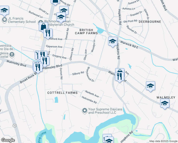 map of restaurants, bars, coffee shops, grocery stores, and more near 4113 Walmsley Boulevard in Richmond