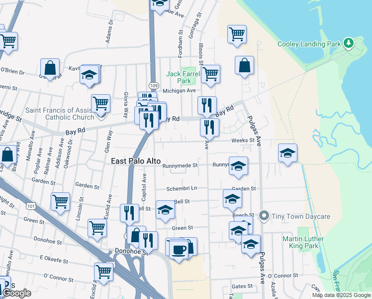 map of restaurants, bars, coffee shops, grocery stores, and more near 828 Weeks Street in East Palo Alto