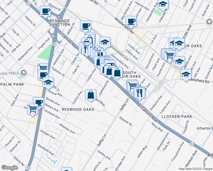 map of restaurants, bars, coffee shops, grocery stores, and more near 57 Oakwood Drive in Redwood City
