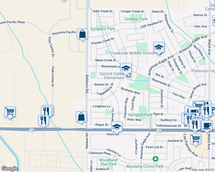map of restaurants, bars, coffee shops, grocery stores, and more near 1418 Nubian Street in Patterson