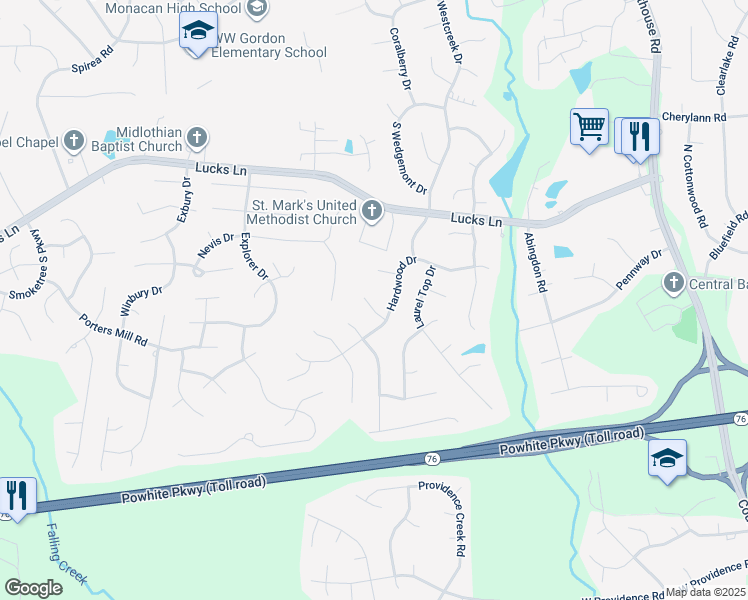 map of restaurants, bars, coffee shops, grocery stores, and more near 1413 Havens Oak Circle in Midlothian