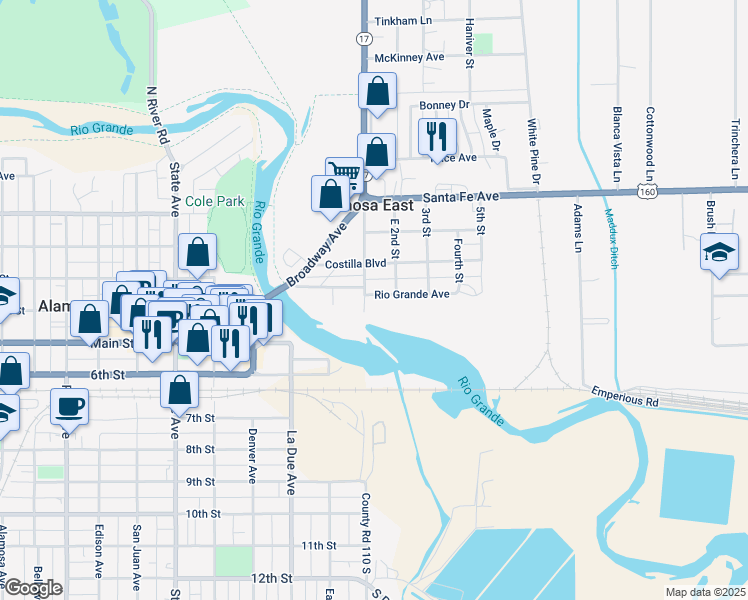 map of restaurants, bars, coffee shops, grocery stores, and more near 420 East 1st Street in Alamosa