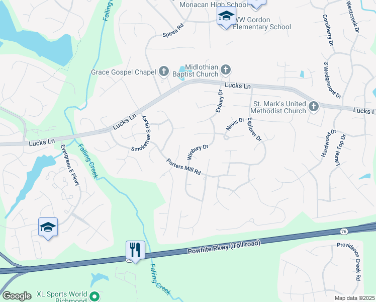 map of restaurants, bars, coffee shops, grocery stores, and more near 1562 Winbury Drive in Midlothian