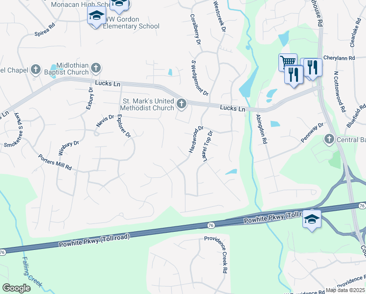 map of restaurants, bars, coffee shops, grocery stores, and more near 1413 Havens Oak Circle in Midlothian