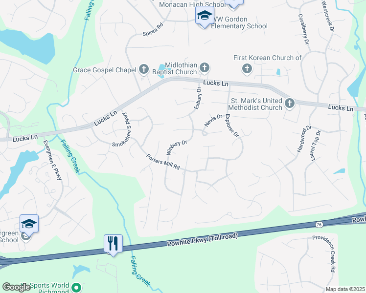 map of restaurants, bars, coffee shops, grocery stores, and more near 1537 Winbury Drive in Midlothian