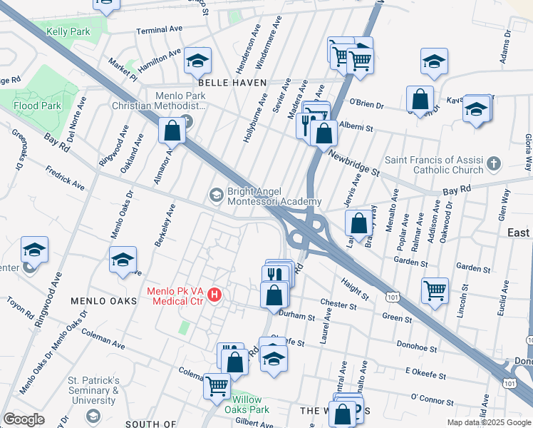 map of restaurants, bars, coffee shops, grocery stores, and more near 845 Pierce Road in Menlo Park
