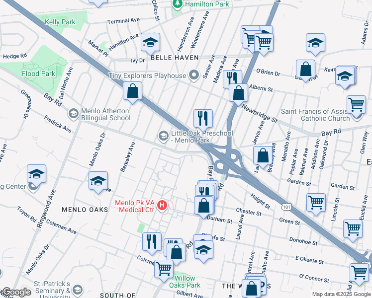 map of restaurants, bars, coffee shops, grocery stores, and more near 1009 Madera Avenue in Menlo Park