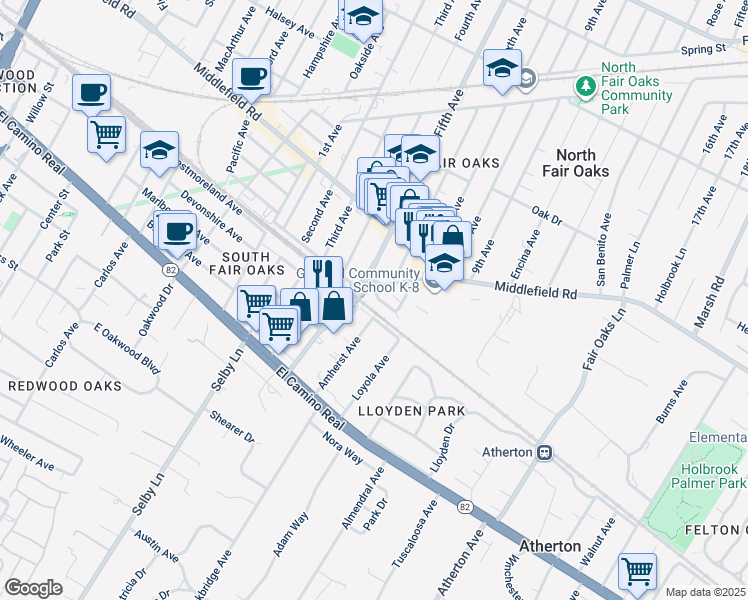 map of restaurants, bars, coffee shops, grocery stores, and more near 218 Semicircular Road in Menlo Park