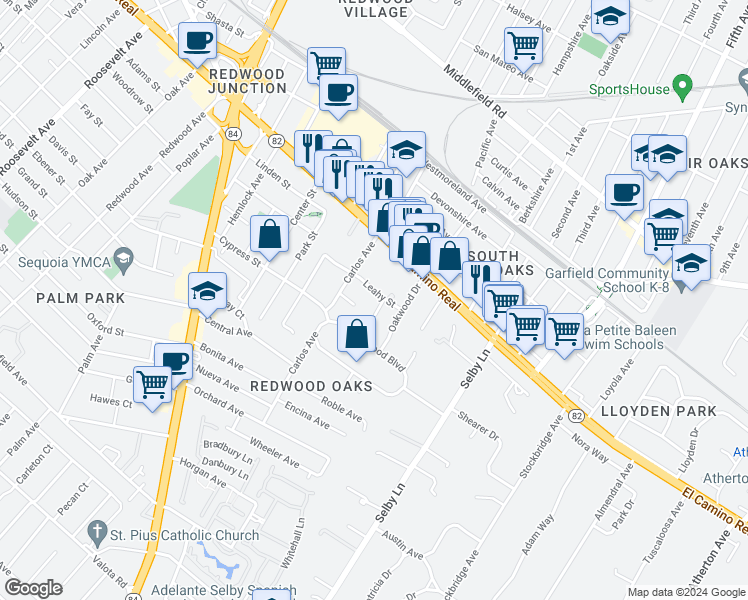 map of restaurants, bars, coffee shops, grocery stores, and more near 707 Leahy Street in Redwood City