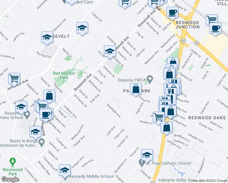 map of restaurants, bars, coffee shops, grocery stores, and more near 1220 Gordon Street in Redwood City