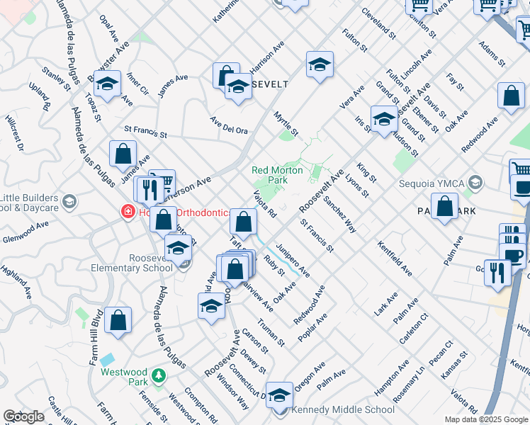 map of restaurants, bars, coffee shops, grocery stores, and more near 967 Valota Road in Redwood City