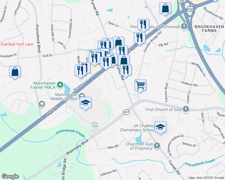 map of restaurants, bars, coffee shops, grocery stores, and more near 2601 Wayside Drive in Richmond
