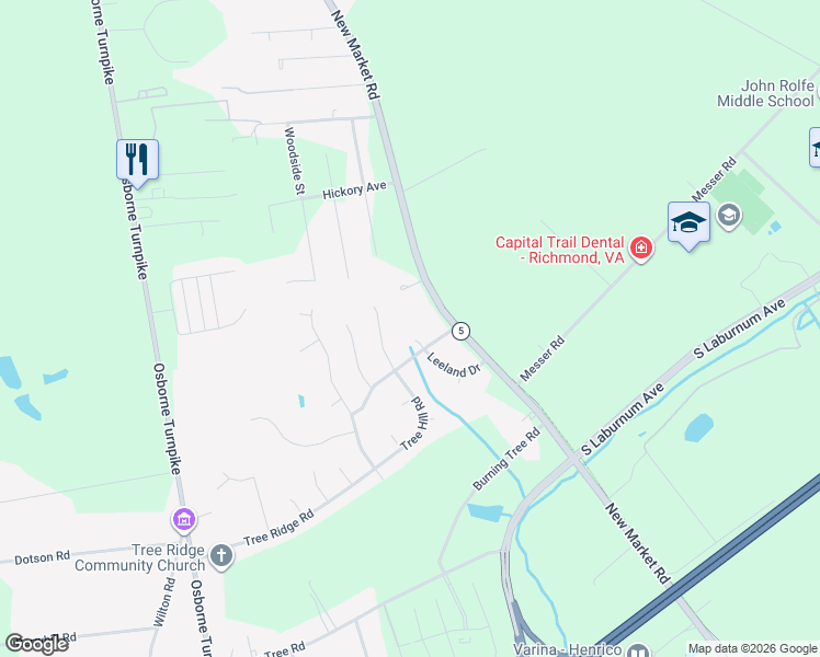map of restaurants, bars, coffee shops, grocery stores, and more near 1600 Leeland Court in Richmond
