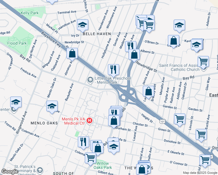 map of restaurants, bars, coffee shops, grocery stores, and more near 811 Bay Road in Menlo Park