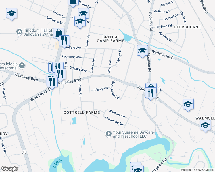 map of restaurants, bars, coffee shops, grocery stores, and more near 4200 Silbury Road in Richmond