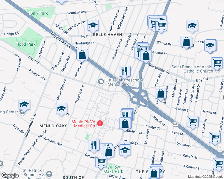 map of restaurants, bars, coffee shops, grocery stores, and more near 731 Bay Road in Menlo Park
